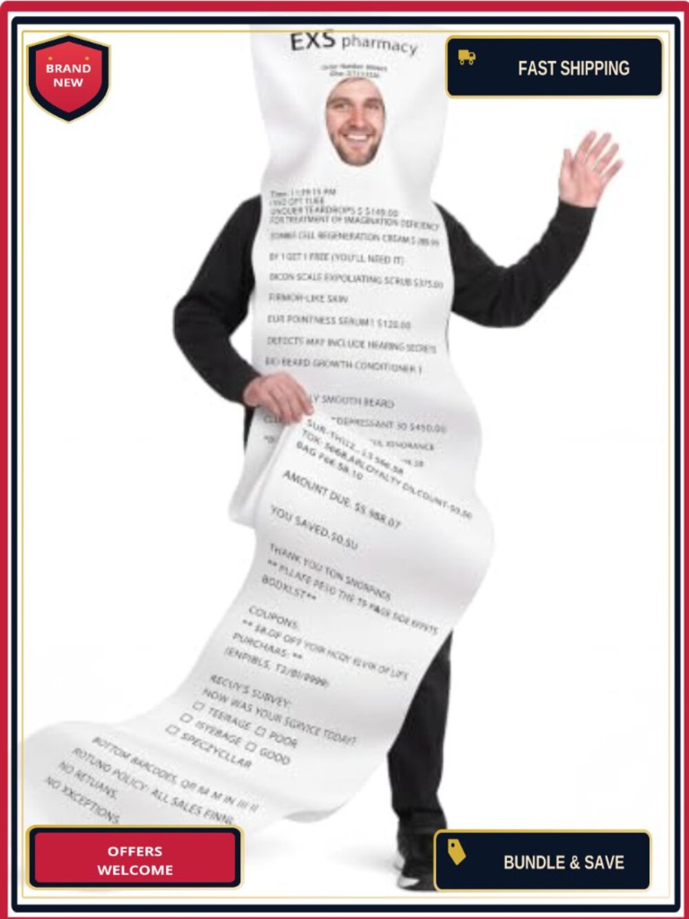 Pharmacy Receipt Costume Halloween Pullover One Size Adult Cosplay